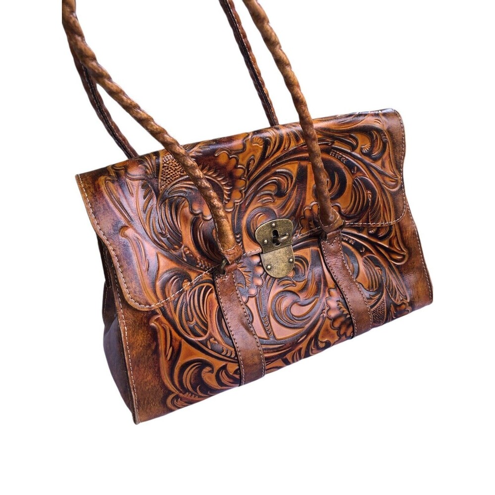 Patricia Nash Vienna Large Tooled  Leather Gold Satchel Shoulder Bag